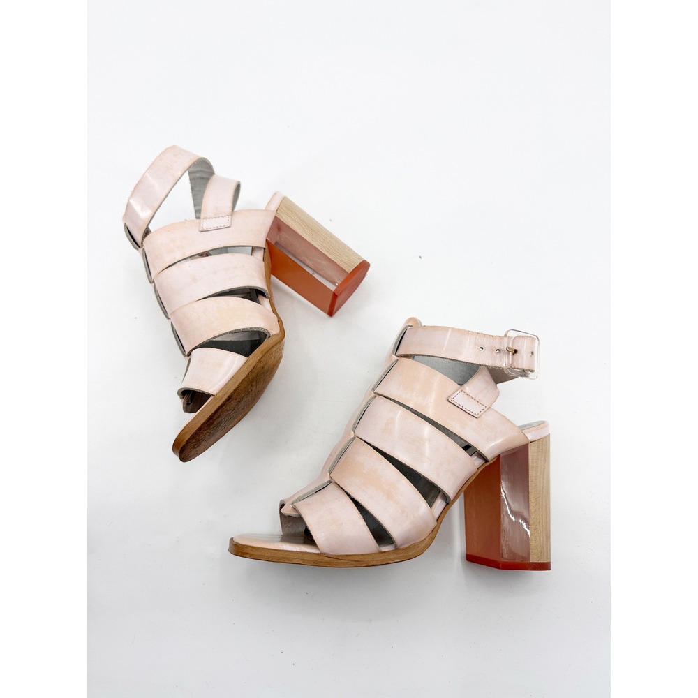 Miista Isabella Blush Pink Leather Cage Sandals Lucite Wood Block Heel 36 Spain - Picture 5 of 13